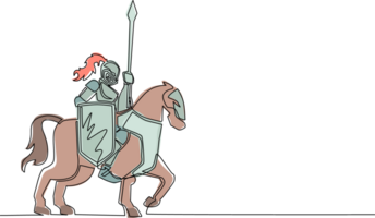 soltero uno línea dibujo medieval armado Caballero montando caballo. histórico antiguo militar personaje. Príncipe con lanza y blindaje. antiguo combatiente. continuo línea diseño gráfico ilustración png