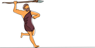 Single continuous line drawing primitive person hunts animal. Stone age hunter, man hunting an ancient animal with stone spear, caveman of prehistoric period with weapon. One line draw design png