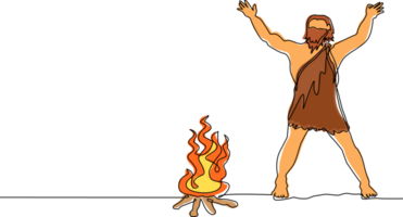 Single continuous line drawing prehistoric man standing around bonfire. Caveman stands and raised two of his hands around campfire. Warmth his body at night. One line draw design illustration png