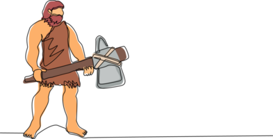 Continuous one line drawing primitive archaic man wearing clothes made of animal skin and holding big stone axe. Early human, caveman, warrior or hunter from stone age. Single line draw design png