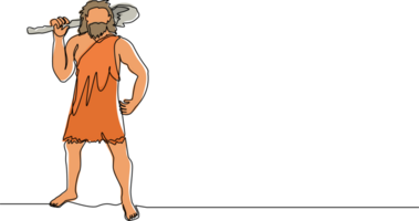 Single einer Linie Zeichnung Stein Alter Primitive Mann im Tier ausblenden Fell mit groß hölzern Verein. prähistorisch Mann halten Knüppel auf Schultern. modern kontinuierlich Linie zeichnen Design Grafik Illustration png