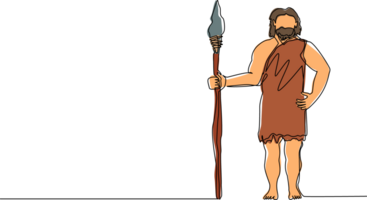 continuo uno línea dibujo primitivo arcaico hombre vistiendo ropa hecho de animal piel y participación lanza. temprano humano, cavernícola, guerrero o cazador desde Roca edad. soltero línea dibujar diseño gráfico png