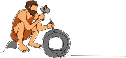 Continuous one line drawing prehistoric primitive people isometric composition with ancient human character trundling wheel made of stone. Caveman inventing the wheel. Single line draw design png