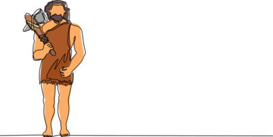 singolo continuo linea disegno uomo delle caverne in piedi e Tenere pietra ascia. preistorico barbuto uomo vestito nel animale pelle. neandertaliano cacciatore. antico umano. uno linea grafico design illustrazione png