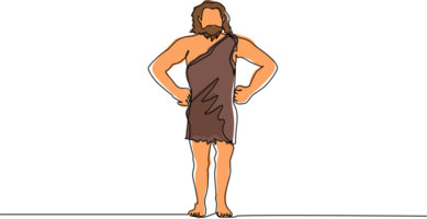 Single one line drawing prehistoric man standing with hands on waist pose. Prehistoric bearded man, primitive stone age caveman in animal pelt cartoon character. Continuous line draw design png