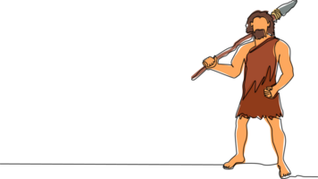 single doorlopend lijn tekening prehistorisch Mens Holding steen speer Aan schouders. primitief persoon jacht. steen leeftijd jager. Mens jacht- een oude dier met steen speer. een lijn trek ontwerp png