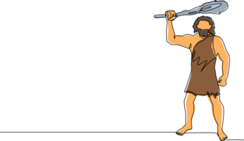 Célibataire un ligne dessin préhistorique homme en portant et élevé trique aérien. homme chasse un ancien animal avec trique, Homme des cavernes de préhistorique période avec arme. continu ligne dessiner conception png