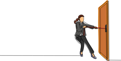 Single continuous line drawing businesswoman pulling rope to drag door, metaphor to facing big problem. Business struggles. Strength for success. Dynamic one line graphic design illustration png