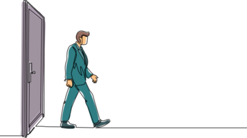 Single continuous line drawing young businessman walking and leaving closed door. New business ventures. Entering new market. Career growth. Dynamic one line draw graphic design vector illustration png