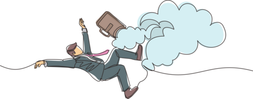 Single continuous line drawing businessman falling from sky. Failure and defeat. Employee dismissal and bankruptcy. Financial crisis. Person loses business and job. One line draw graphic design png