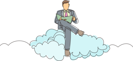 Continuous one line drawing man sitting on cloud reading a book. Businessman. Teacher. Lawyer. Marketer. Director. Chief. Financier. Higher education. Career growth. Single line draw design png