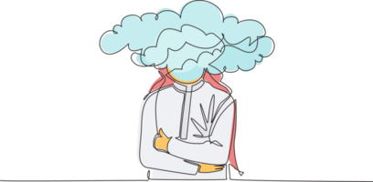 Continuous one line drawing cloud head businessman. Arab man with empty head and cloud instead. Distracted, daydreaming, absent and impractical concept. Single line design graphic illustration png