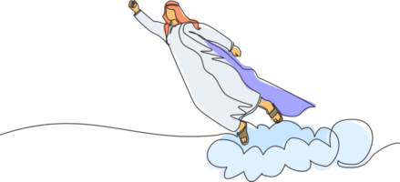 Single kontinuierlich Linie Zeichnung arabisch Geschäftsmann Superheld fliegt oben und Blätter Wolke von Staub. Super Arbeiter im Mantel nimmt aus. Leistung und Einzigartigkeit Geschäft Konzept. einer Linie zeichnen Grafik Design png