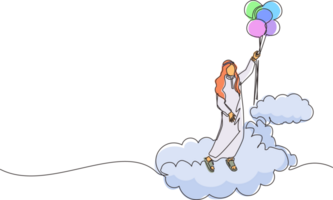 Single one line drawing Arabic businessman floating with balloon. Man holding balloon flying through cloud. Worker reaches goal, target, finds solution. Continuous line draw design illustration png