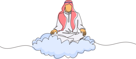 singolo uno linea disegno ufficio lavoratore o uomo d'affari rilassa e medita nel loto posizione su nuvole. allegro Arabo uomo rilassante con yoga o meditazione posa. continuo linea design grafico png
