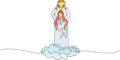 Single one line drawing Arabian businessman holding trophy in cloud. Showing award celebrates his victory in sky. Business success goal achievement. Winning competition. Continuous line design png