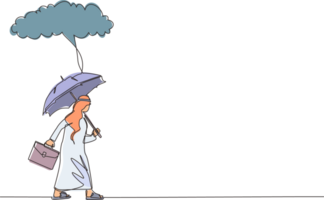 Single one line drawing Arabian businessman with briefcase and umbrella stand under rain cloud. Depression, passerby at rainy weather. Drenched man, water pour from sky. Continuous line design png