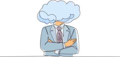 soltero uno línea dibujo nube cabeza empresario. hombre con vacío cabeza y nube en cambio. distraído, soñador, ausente y poco práctico concepto. continuo línea dibujar diseño gráfico ilustración png