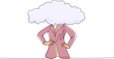 Single continuous line drawing cloud head businesswoman. Woman with empty head and cloud instead. Distracted, daydreaming, absent, impractical concept. One line draw graphic design illustration png