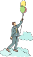 Single one line drawing businessman floating with balloon. Man holding balloon flying through cloud. Worker reaches goal, target, finds solution. Continuous line design graphic illustration png