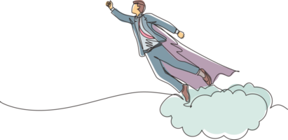 Single continuous line drawing businessman superhero flies up and leaves cloud of dust. Super worker in robe cloak takes off. Power and uniqueness business concept. One line draw graphic design png
