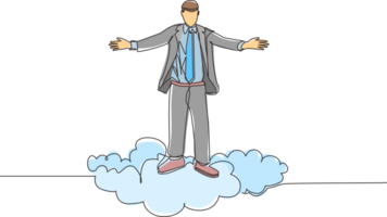 Single one line drawing happy businessman on top of cloud with raised hands. Successful business concept. Financial freedom, happiness, peaceful. Continuous line design graphic illustration png