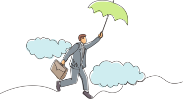 Single one line drawing happy wealthy businessman flying with his umbrella holding briefcase. Office worker achieve financial independence. Continuous line draw design graphic illustration png