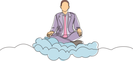 Continuous one line drawing office worker or businessman relaxes and meditates in lotus position on clouds. Cheerful man relaxing with yoga or meditation pose. Single line draw design graphic png