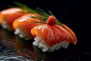 Sushi with salmon on the plate, Japanese food. AI Generated., Japanese food. AI Generated. photo