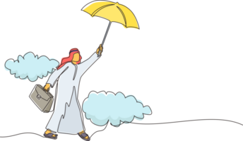 Single kontinuierlich Linie Zeichnung glücklich reich arabisch Geschäftsmann fliegend mit seine Regenschirm halten Aktentasche. Büro Arbeiter leisten finanziell Unabhängigkeit. einer Linie zeichnen Grafik Design Illustration png