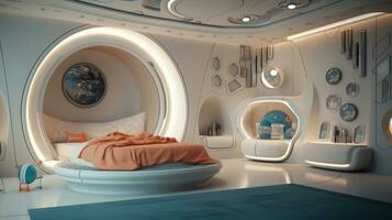 Bedroom of a beautiful futuristic design. AI Generated. photo