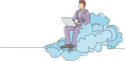Single one line drawing businessman sitting on cloud in sky and working with laptop. Wireless connection. Social networking and chatting using cloud storage. Continuous line draw design graphic png