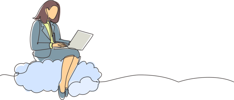 enda kontinuerlig linje teckning affärskvinna Sammanträde på moln i himmel och arbetssätt med bärbar dator. trådlös förbindelse. social nätverk, chattar använder sig av moln lagring. ett linje dra grafisk design png