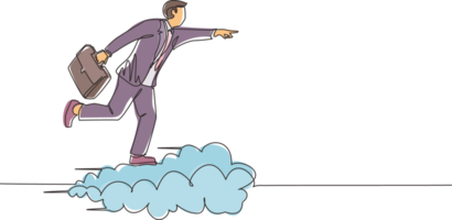 Single one line drawing businessman holding briefcase ride cloud, pointing forward, go to future, business concept. Man on cloud way to success. Continuous line draw design graphic illustration png