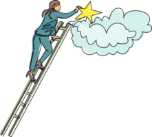 continuo uno línea dibujo mujer de negocios en pie en escalera y alcanzando estrella en el cielo. metas y Sueños. negocio, carrera profesional, logro concepto. soltero línea dibujar diseño gráfico ilustración png