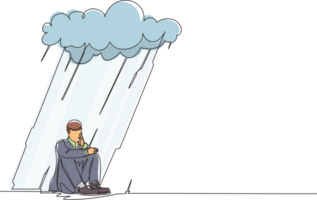 Single continuous line drawing businessman feeling sad and depression sitting under rain and cloud. Unhappy depressed loneliness sad worker in stress with problem. One line draw design graphic png