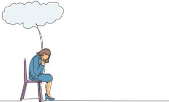 Single one line drawing businesswoman sitting under rain cloud. Business failure. Worried woman thinking about business with negative trend. Collapse of economy. Continuous line design graphic png