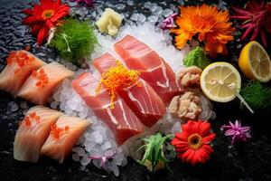 de cerca parte superior ver de ingredientes sashimi colocar, salmón, atún, japonés alimento. ai generado. foto