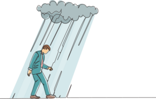 contínuo 1 linha desenhando infeliz depressivo triste homem de negocios dentro estresse caminhando debaixo chuva nuvem. sozinho fracassado masculino depressão. solidão dentro nublado clima. solteiro linha Projeto ilustração png