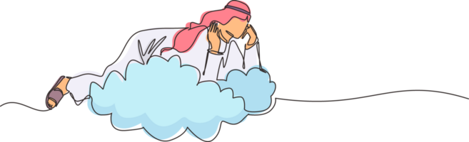 Single continuous line drawing dreamer. Arabic businessman lay on the clouds and dreaming or thinking something about new business. Man lying on cloud. one line draw graphic design illustration png