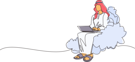 Single continuous line drawing Arab businessman sitting on cloud in sky, working with laptop. Wireless connection. Social networking, chatting using cloud storage. One line draw graphic design png