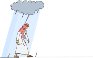 solteiro 1 linha desenhando infeliz depressivo triste árabe homem de negocios dentro estresse caminhando debaixo chuva nuvem. sozinho fracassado masculino depressão. solidão dentro nublado clima. contínuo linha Projeto gráfico png