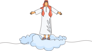 Single continuous line drawing happy Arabic businessman on top of cloud with raised hands. Successful business concept. Financial freedom, happiness, peaceful. One line draw design illustration png