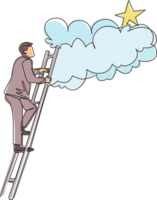 Single continuous line drawing businessman climbing ladder to reach out for the stars. Businessman climbing to goal. Motivation to be success, winner, finish, win. One line draw graphic design png