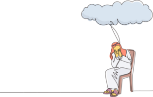 Continuous one line drawing Arab businessman sitting under rain cloud. Business failure. Worried man thinking about business with negative trend. Collapse of economy. Single line design graphic png