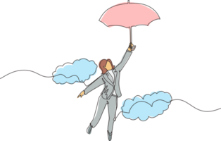 continu un ligne dessin content riches femme d'affaires en volant avec sa parapluie en portant mallette. Bureau ouvrier atteindre financier indépendance. Célibataire ligne dessiner conception graphique illustration png