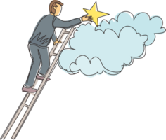 Continuous one line drawing businessman is standing on stairs and reaching star on the sky. Goals and dreams. Business, career, achievement concept. Single line draw design graphic illustration png