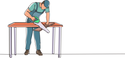 Single continuous line drawing builder or carpenter repairman sawing boards. Building, construction and repair work services. Business concept. Dynamic one line draw graphic design illustration png