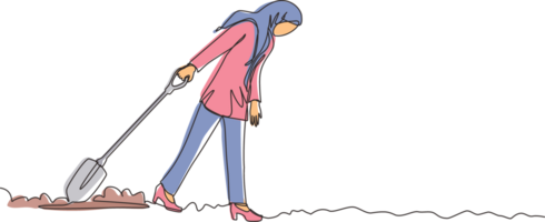 Single one line drawing Arabic businesswoman walking unsteadily leaving hole dug dragging shovel. Woman digs in tunnel trying to get to goal. She gave up, stopped trying. Continuous line design png
