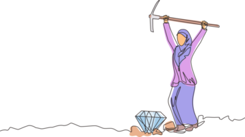 Single one line drawing Arabian businesswoman in hole prancing happily while lifting pickaxe with both hands, finding diamond or precious stone. Continuous line draw design graphic illustration png